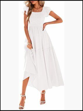 Smocked Midi Sundress with Square Neck, Ruffle Tiered, Pockets